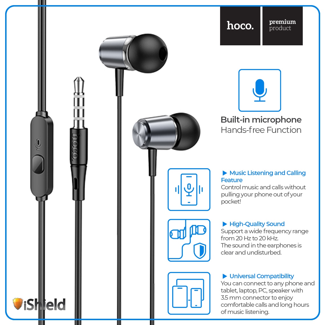 Casti cu fir, Universale, conector Jack 3.5mm, comenzi pe fir, compatibile cu iPhone / iPad / Samsung / Huawei / Xiaomi / Moto / Oppo, lungime fir 1.2m, Metall Gray (M108)