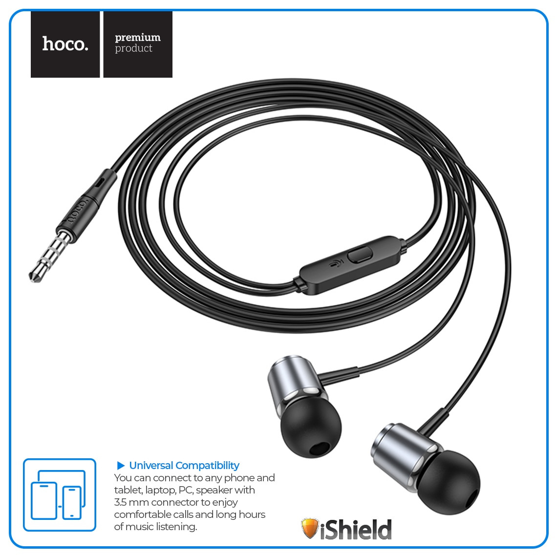 Casti cu fir, Universale, conector Jack 3.5mm, comenzi pe fir, compatibile cu iPhone / iPad / Samsung / Huawei / Xiaomi / Moto / Oppo, lungime fir 1.2m, Metall Gray (M108)