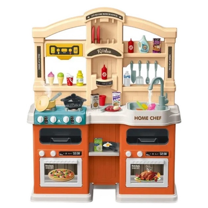 Bucatarie pentru copii WePro Store, lumini si sunete reale, functie de apa curgatoare si abur, 77 accesorii de gatit, Portocalie, 3 ani +