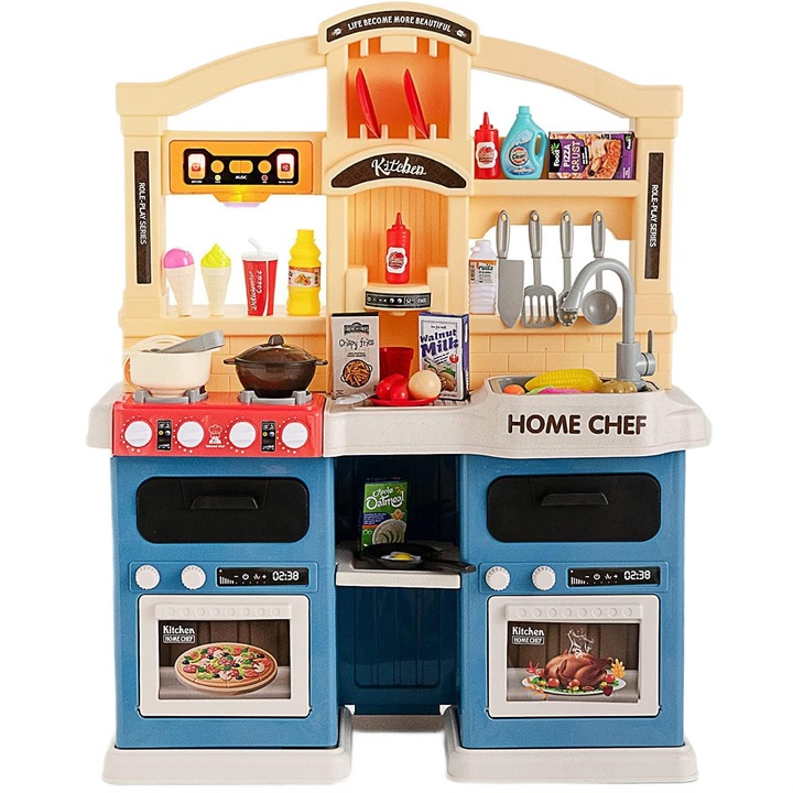 Bucatarie pentru copii WePro Store, lumini si sunete reale, functie de apa curgatoare si abur, 77 accesorii de gatit, Albastra, 3 ani +