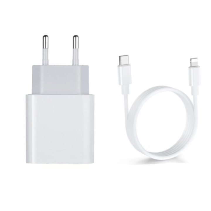 Incarcator Fast Charge compatibil Apple 20W iPhone 14 / 13 / 12 /11 / X / XS / XR / 8 / 7 / 6 / 5 / SE / Max / mini / Plus / Pro / Pro Max si Cablu de date fast charge 1m Usb-C, Alb