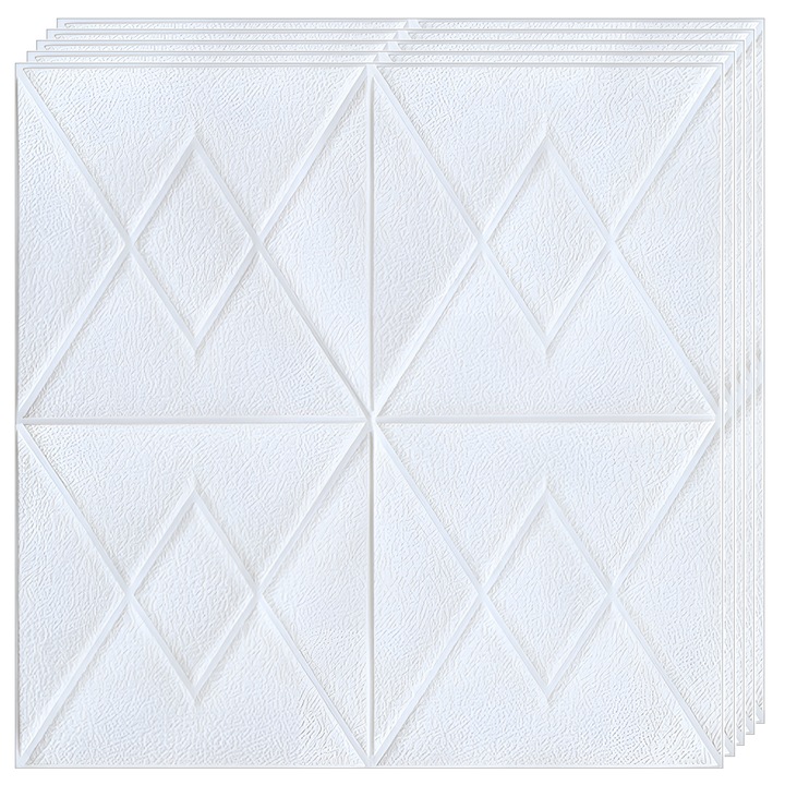 Set 10x Tapet 3D Teno®, suprafata acoperire 4.9 mp, autoadeziv, Model Romburi, perete/tavan, waterproof, usor de montat, design modern, 70x77 cm, alb