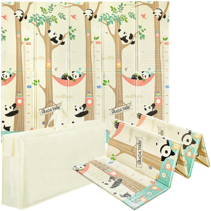 Covoras de Joaca pentru Copii, 4FIZJO, panda si indian, design cu doua fete, material impermeabil, educativ, moale si sigur, curatare rapida dupa joaca copilului, capac inclus, spuma XPE, 200 x 180 cm, bej/verde/maro