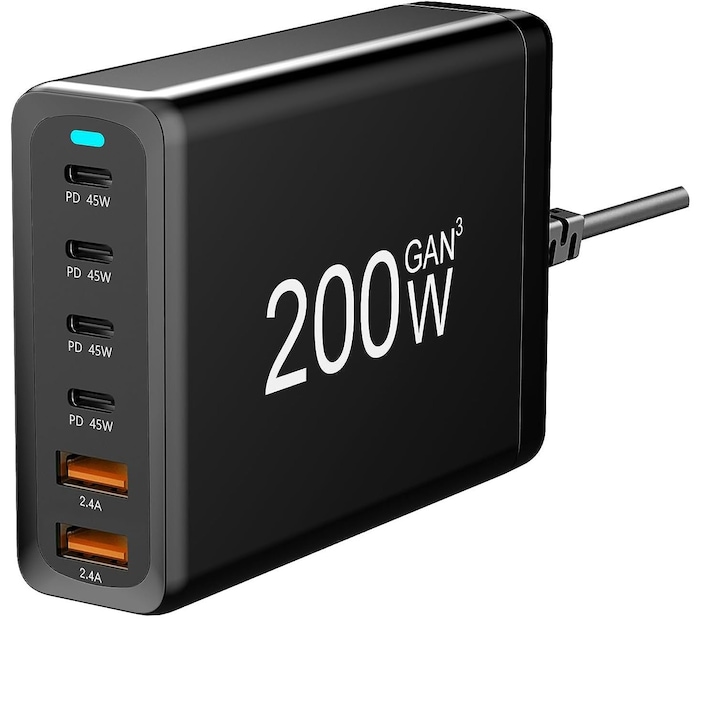 Преносимо зарядно устройство 200W GaN 6 порта QC2.0, QC3.0, PD, PD 3.0 Станция за бързо зареждане USB Type-C за MacBook Pro, лаптоп, iPad, Samsung Galaxy, iPhone, RiKbo