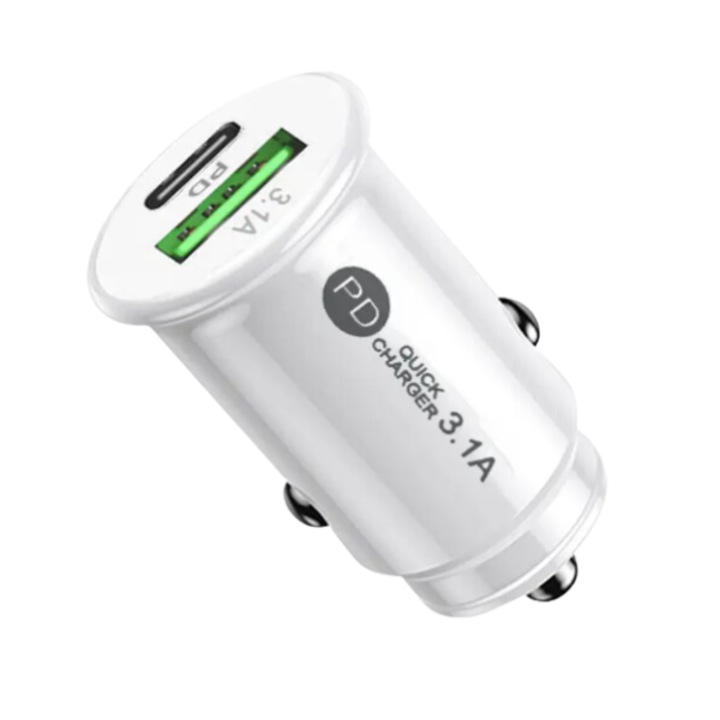 Autós töltő, SuperFastCharge, USB-A + USB Type C PD, gyorstöltés, kompatibilis Apple, Samsung, Huawei, tablet, 12-24V, Fehér