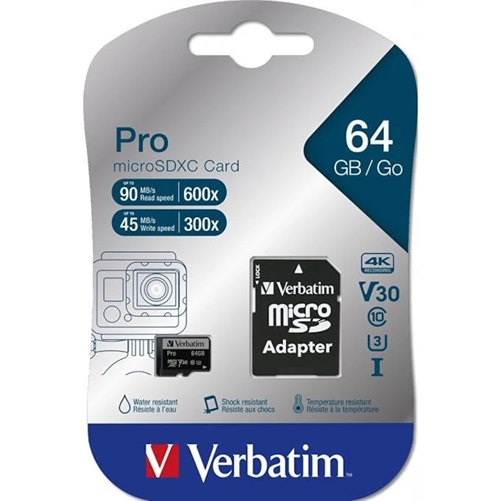 Card de memorie Verbatim Pro MicroSDXC cu adaptor, 64GB, Class 10, 47042
