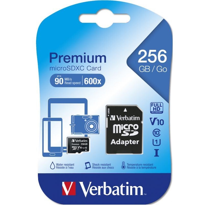 Card de memorie Verbatim Premium MicroSDXC cu adaptor, 256GB, Class 10, 44087