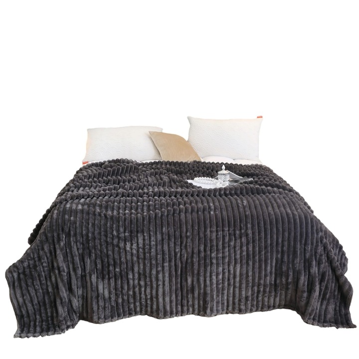 Patura catifelata Cocolino cu Dungi, Gri Inchis x 230cm