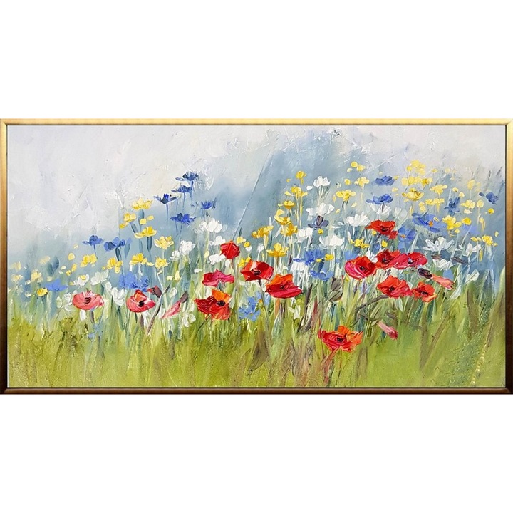Tablou pictat manual ulei pe panza, tehnica texturata in cutit, Multicolor, 130x65cm, Abstract modern, Flori de camp