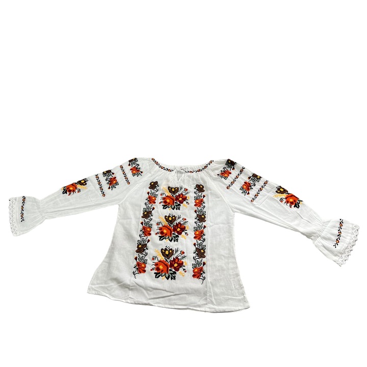 Ie traditionala femei, alba, broderie multicolora cu flori, marimea S