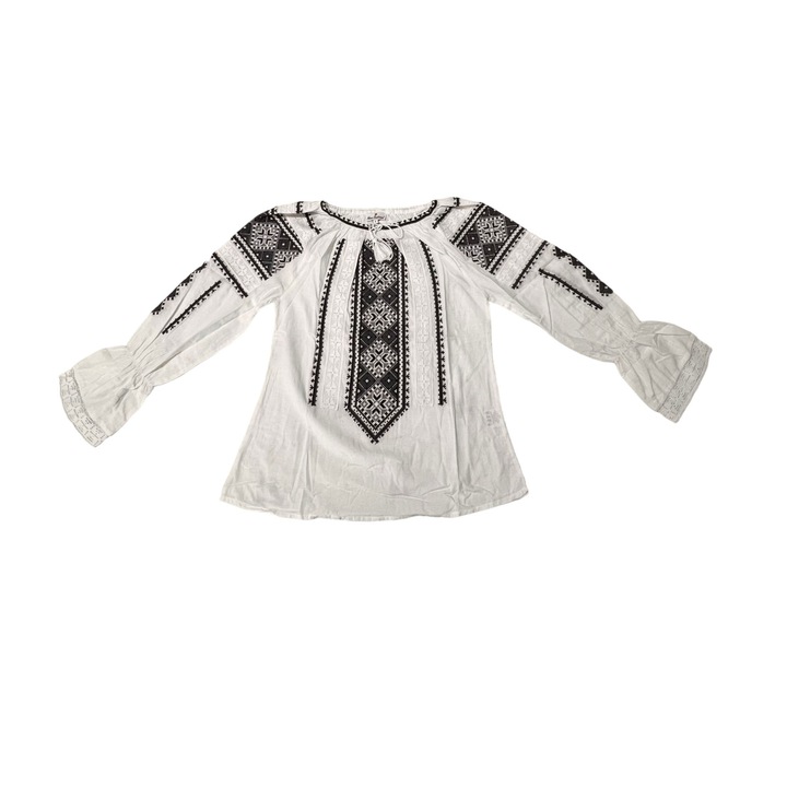 Ie traditionala femei, alba, broderie gri/negru, maneci stil clopot, marimea S