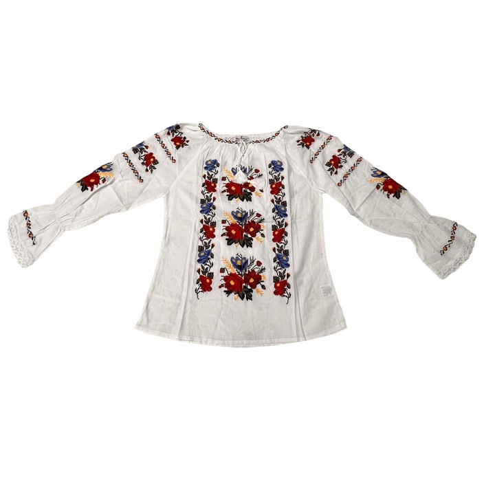 Ie traditionala femei, alba, broderie cu motiv floral rosu/albastru, maneci stil clopot, marime S