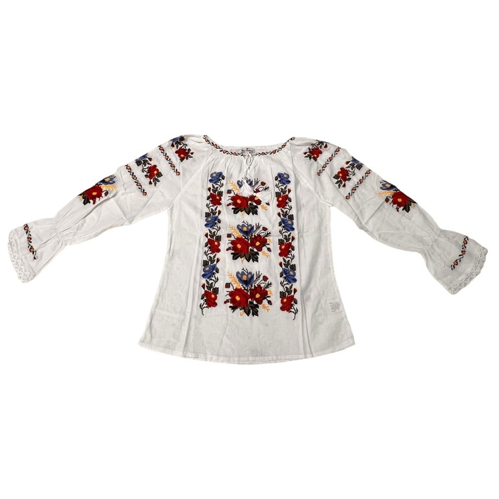 Ie traditionala femei, alba, broderie cu motiv floral rosu/albastru, maneci stil clopot, marime XL