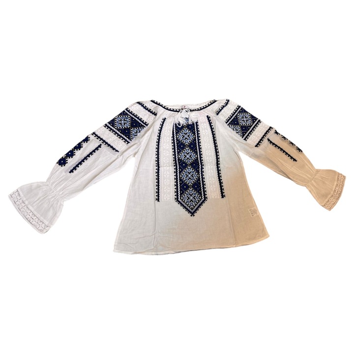 Ie traditionala femei, alba, broderie albastru/alb, maneci stil clopot, marime XL