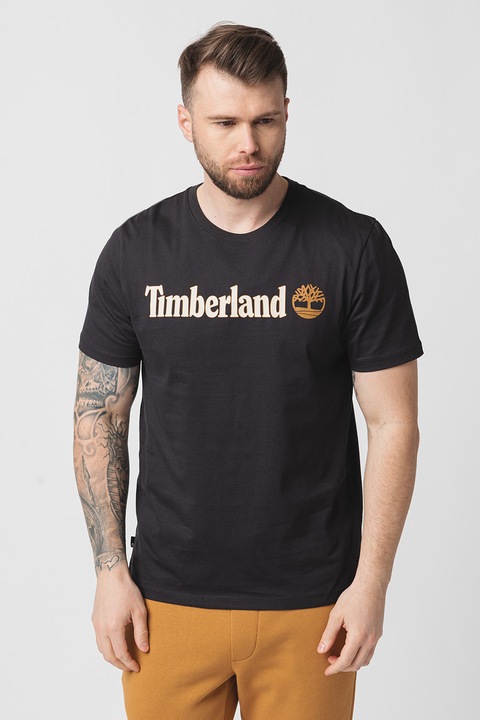 Timberland, Тениска Linear с овално деколте и лого, Крем/Черен