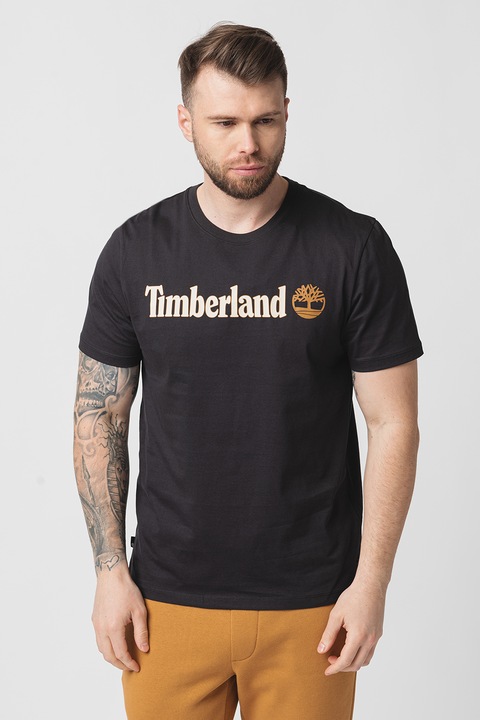 Timberland, Тениска Linear с овално деколте и лого, Черен/Крем