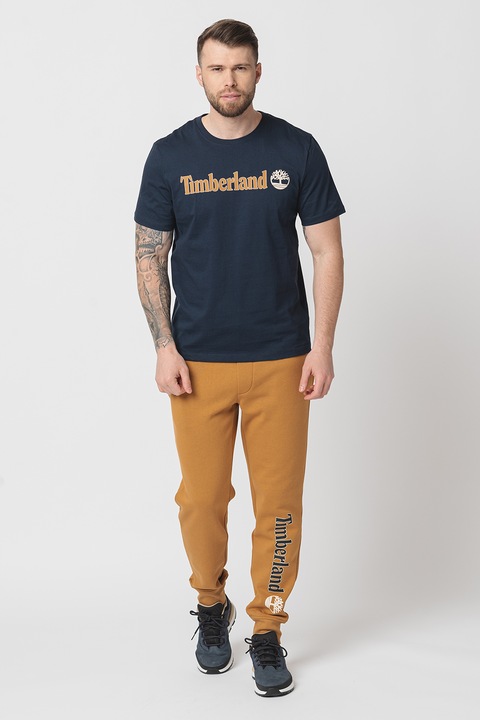 Timberland, Тениска Linear с овално деколте и лого, Кафяв/Тъмносин
