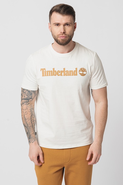Timberland, Тениска Linear с овално деколте и лого, Кафяв/Крем