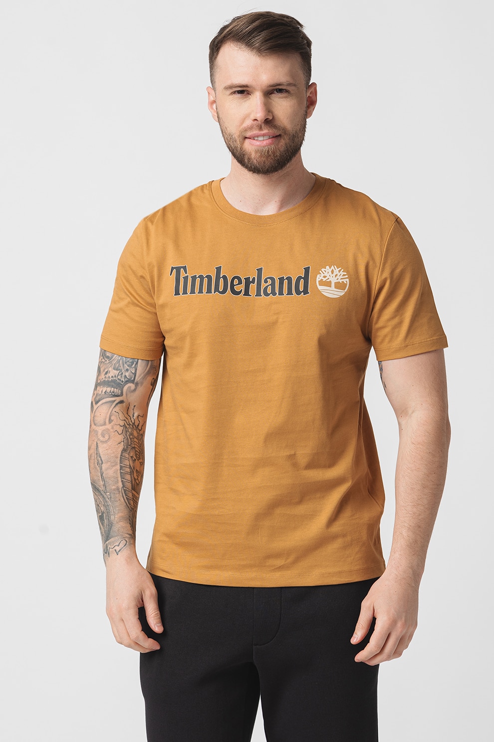 Timberland, Tricou cu decolteu la baza gatului si imprimeu logo Linear, Caramel, M