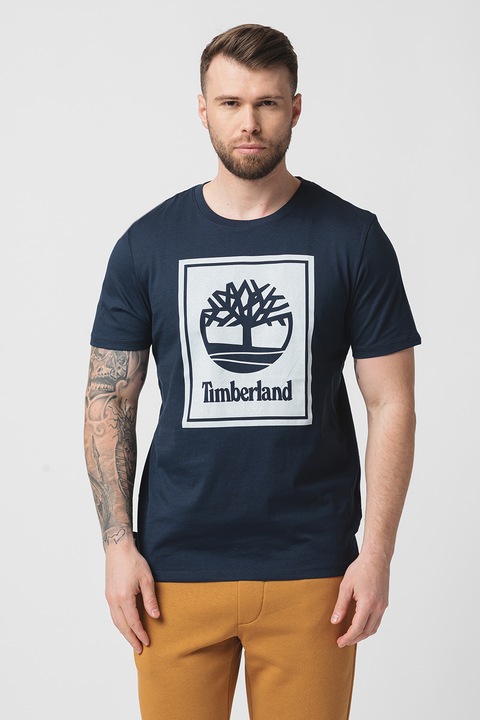 Timberland, Памучна тениска с лого, Бял/Тъмносин