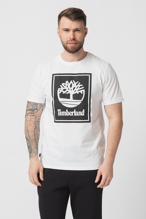 Timberland, Памучна тениска с лого, Бял/Черен