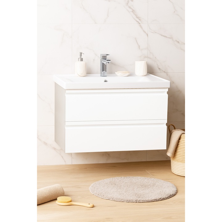 Set baza si lavoar, Badenmob, seria 786 - 80cm, suspendat cu sertare, Alb