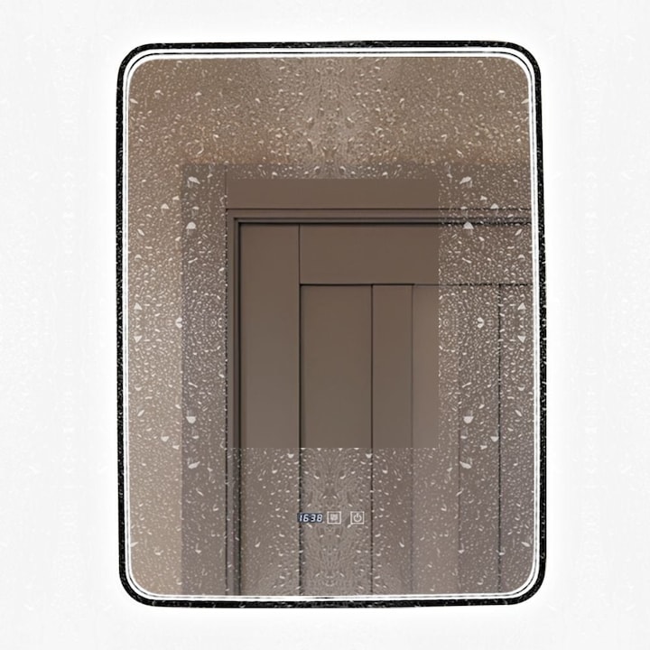 Oglinda Baie LED si Dezaburire Elit's Premium cu Senzor Touch, Lumina Rece, Calda si Neutra, 60x80cm, cu rama Negru Antichizat