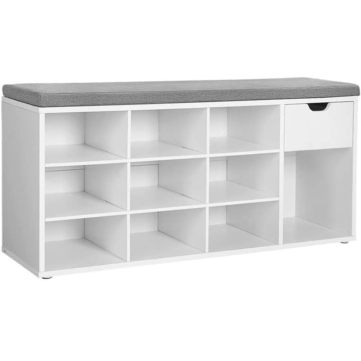 Banca de depozitare cu suport pentru pantofi, 10 compartimente si dulap, cu perna, 30x104x48cm, alb