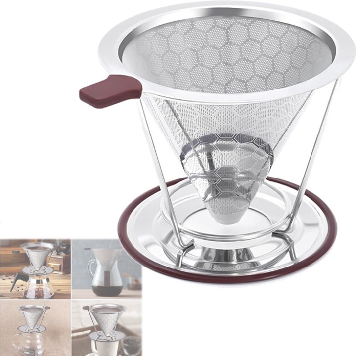 Filtru permanent cafea, picurare, inox dublu-strat, argintiu