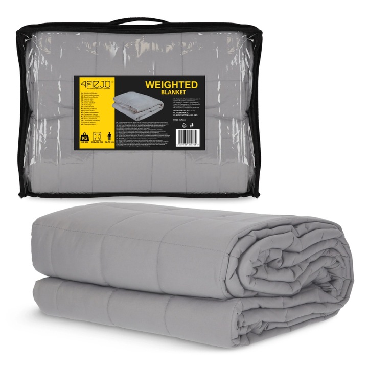 Patura Senzoriala 150 x 200 cm, 4FIZJO, somn sanatos si odihnitor, geanta de transport, reduce nivelul de stres, se adapteaza la curbura corpului, plapuma antistres pentru copii si adulti, 7 straturi, material Poliester, 6.8 kg, Gri