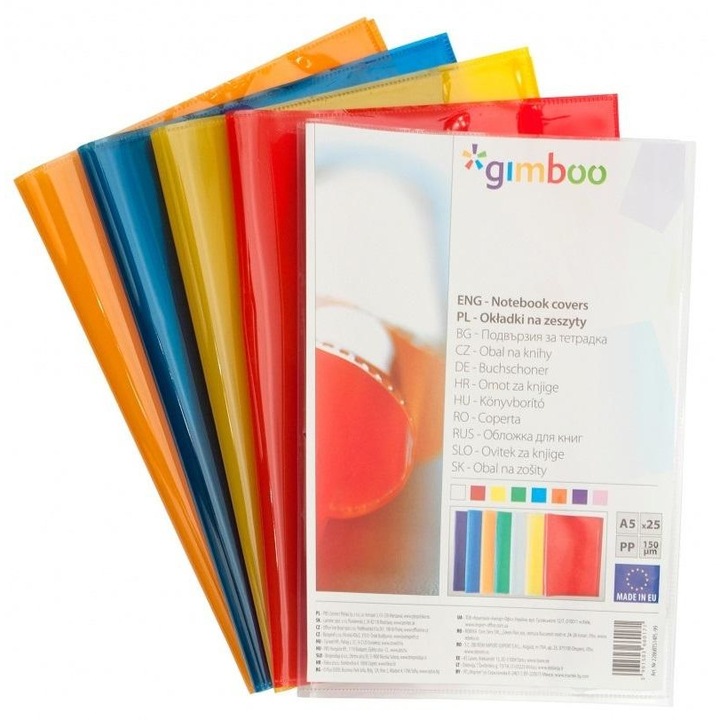 Set de 25 coperti pentru caiete Gimboo, A5, folie cristal, multicolor