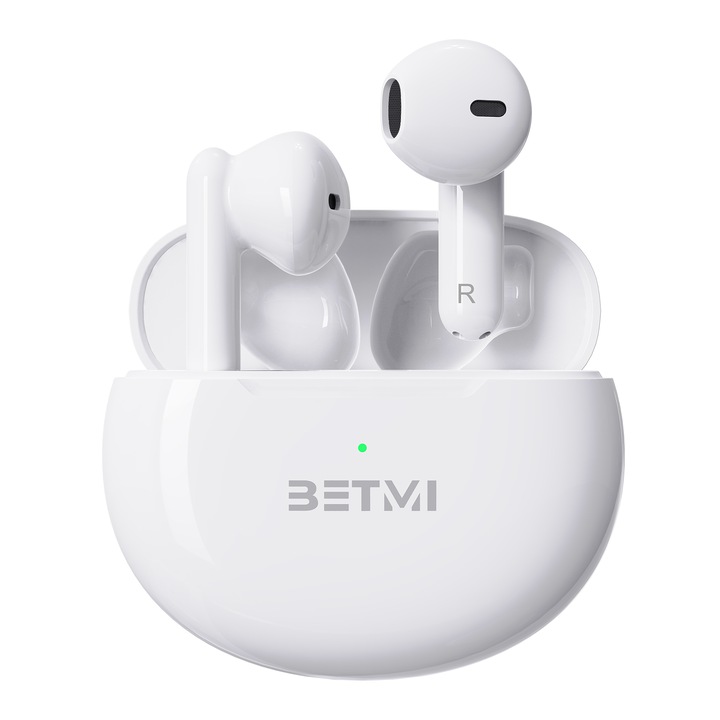 Безжични слушалки за поставяне в ушите, Bluetooth 5.3, 2 микрофона, време за възпроизвеждане 40 часа, IPX6 водоустойчивост, сензорно управление, бял