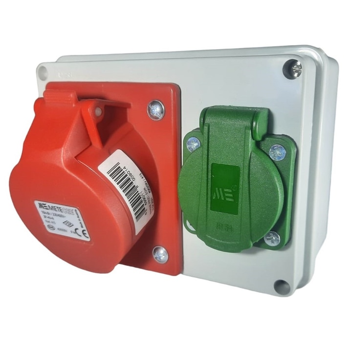 Doza aplicata precablata echipata cu 1 priza 5 poli 3P+N+E 16A 400V si 1 priza schuko 16A 230V IP44 150x110mm