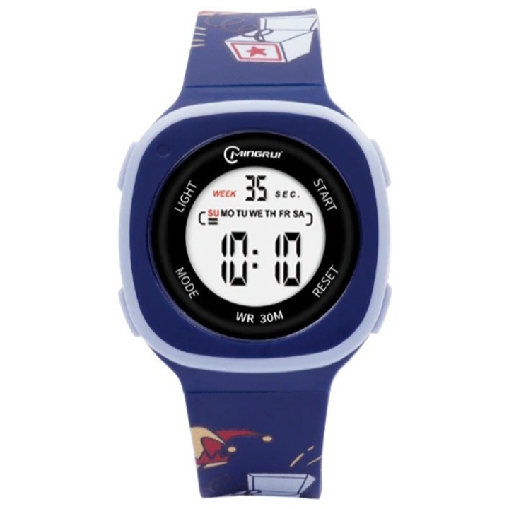 Ceas digital de copii, Mingrui MR2207LK, data, iluminare, rezistent la apa 30 metri, rezistent socuri, albastru inchis