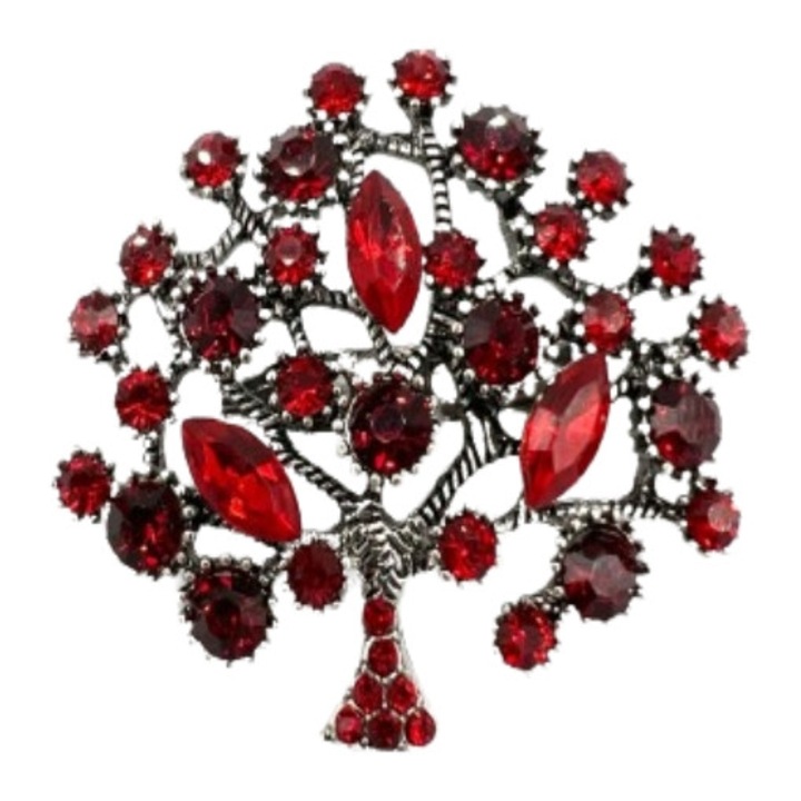 Brosa martisor copac argintiu cu pietre, Rosu, 4 cm