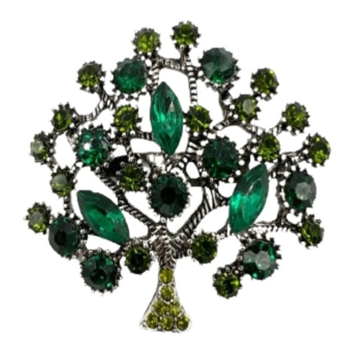 Brosa martisor copac argintiu cu pietre, Verde, 4 cm