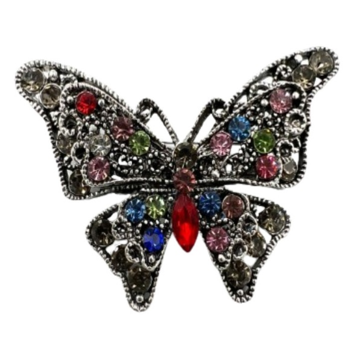 Brosa martisor fluture argintiu cu aripi duble, Multicolor, 4 cm