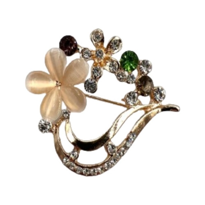 Brosa martisor auriu cu pietre, Multicolor, Floare, 4-5 cm