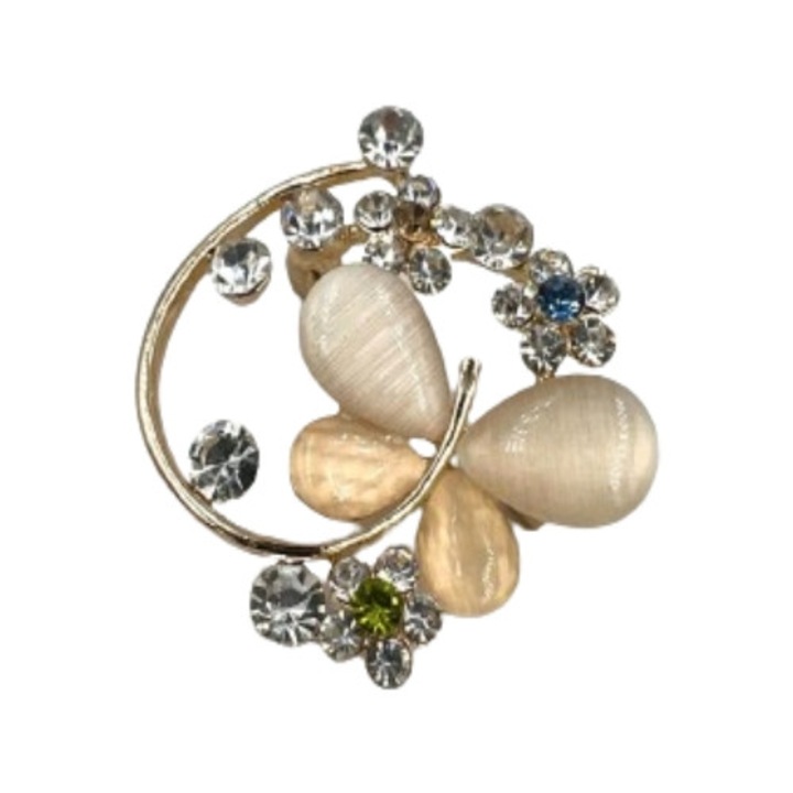 Brosa martisor auriu cu pietre, Bej, Fluture, 4-5 cm