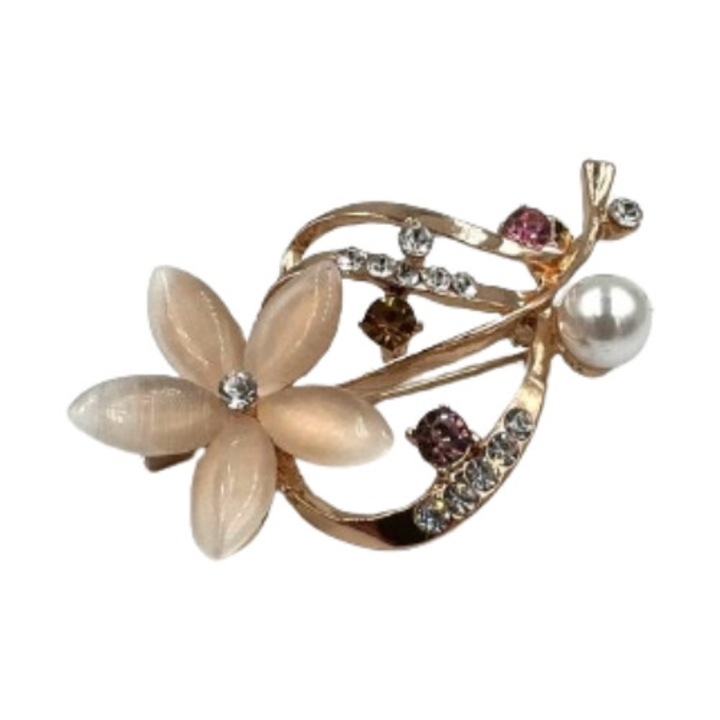 Brosa martisor auriu cu pietre, Alb, Perla, 4-5 cm