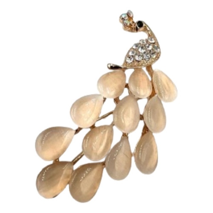 Brosa martisor auriu cu pietre, Crem, Paun, 4-5 cm