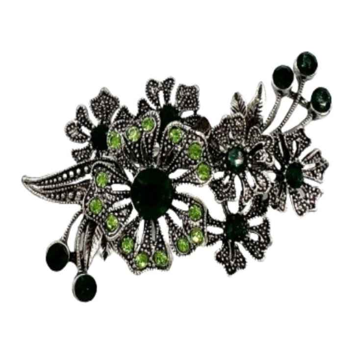 Brosa martisor floare argintie cu pietre, Verde, 5 cm
