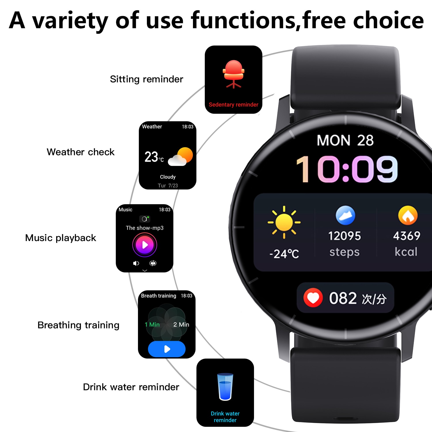 Ceas inteligent Ecran LCD IPS, glicemie/tensiune arteriala/somn/ritm ...