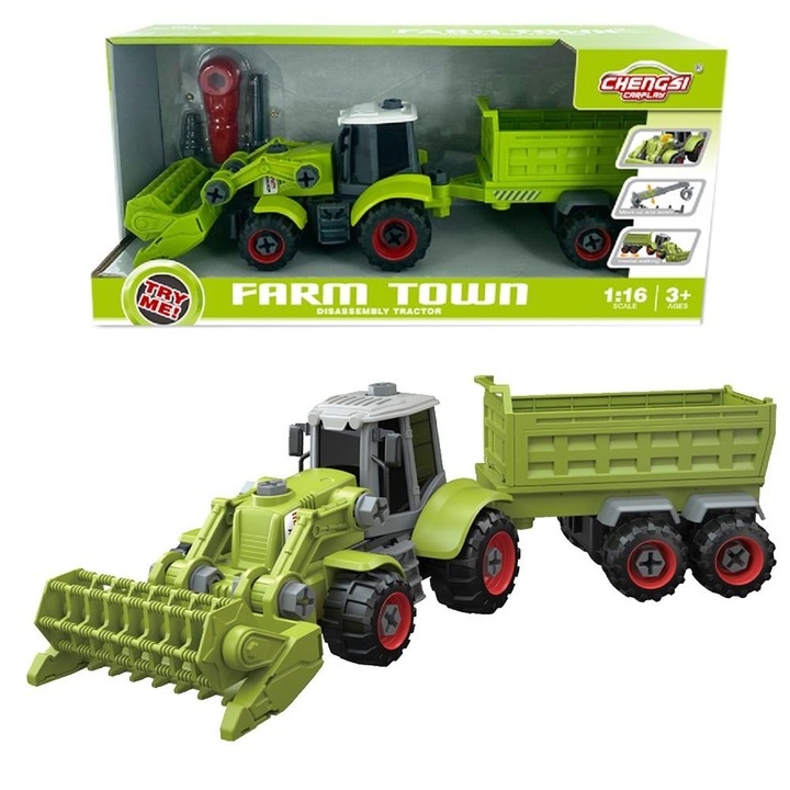 Set de utilaje de constructie, Askato, Tractor cu masina agricola si remorca, 39x13x11cm