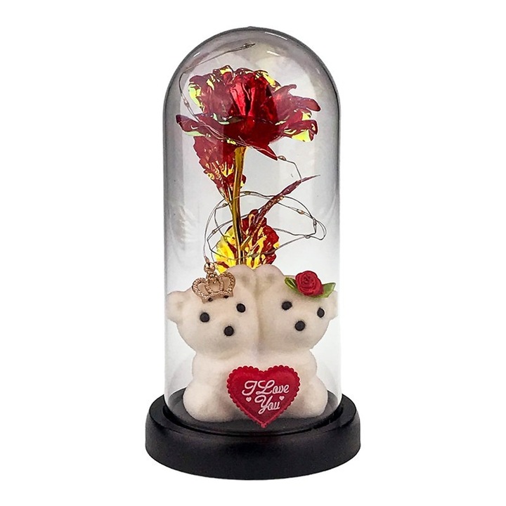 Glob din sticla cu trandafir din plastic si doi ursuleti din polistiren cu baterii, 11x21 cm, multicolor