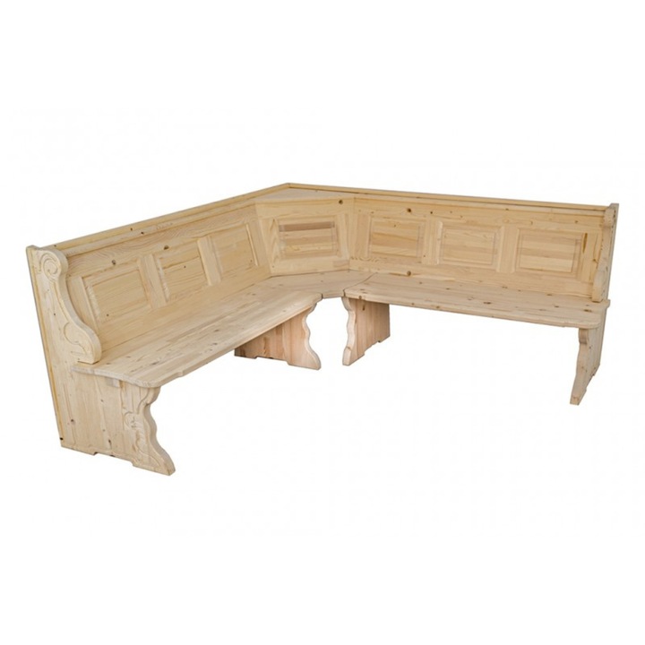 Coltar de Bucatarie Transilvan, Premium Spring, Lemn Masiv, Model Elegant Sculptat, 195x195 cm, Natur