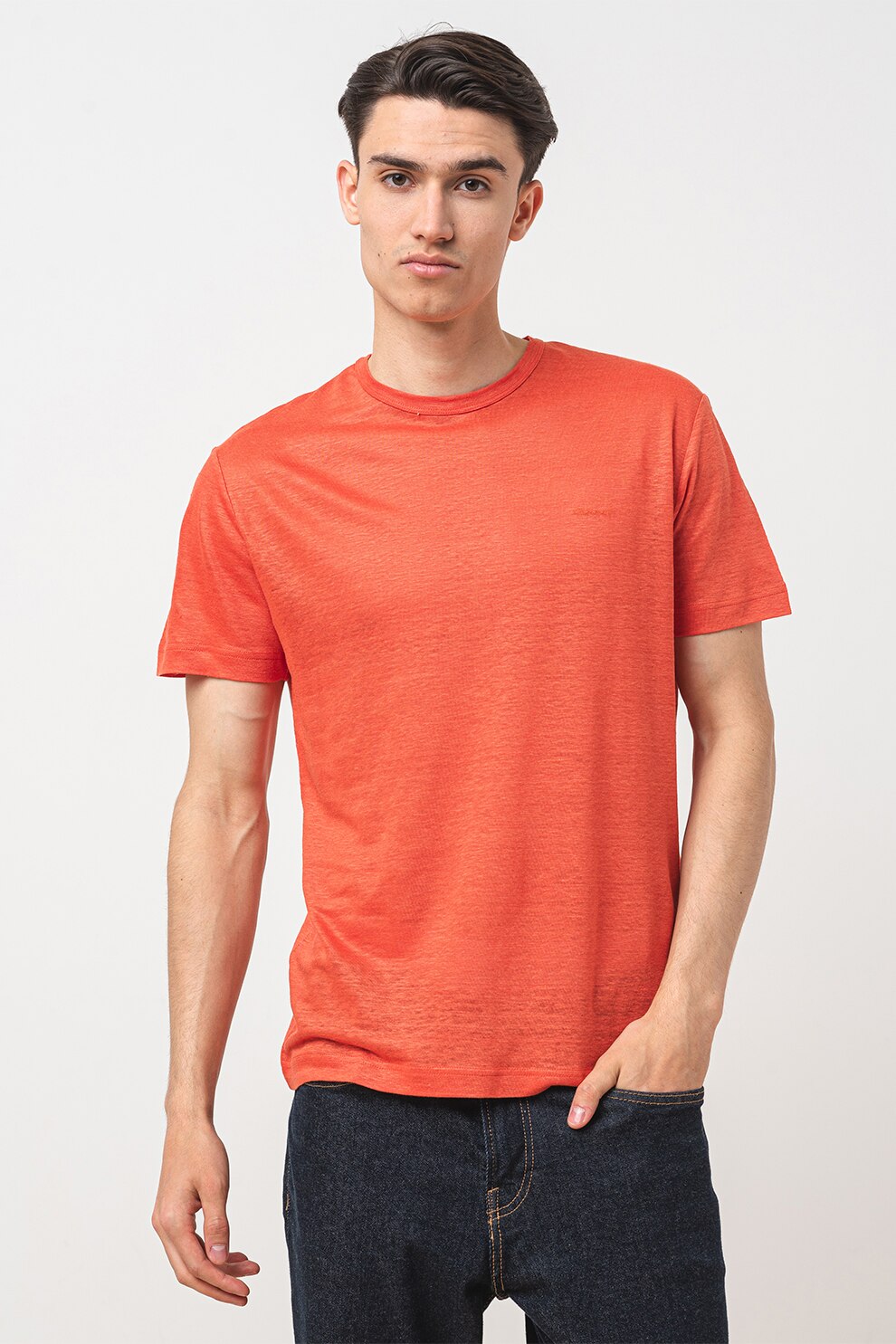 Gant, Tricou din in cu decolteu la baza gatului, Portocaliu mandarina, L