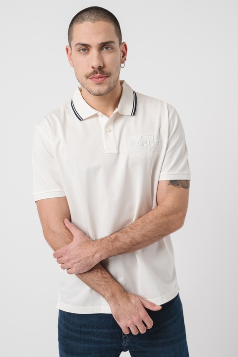 Gant, Tricou polo de bumbac cu logo brodat, Alb fildes