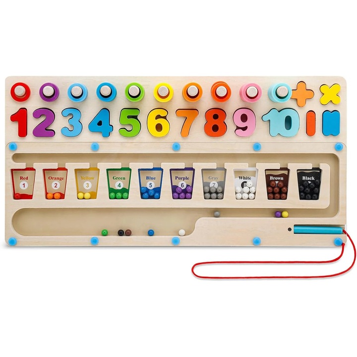 Joc Educativ din Lemn, Labirint Montessori, Cifre, Margele si Stilou Magnetic, Stivuire Piese
