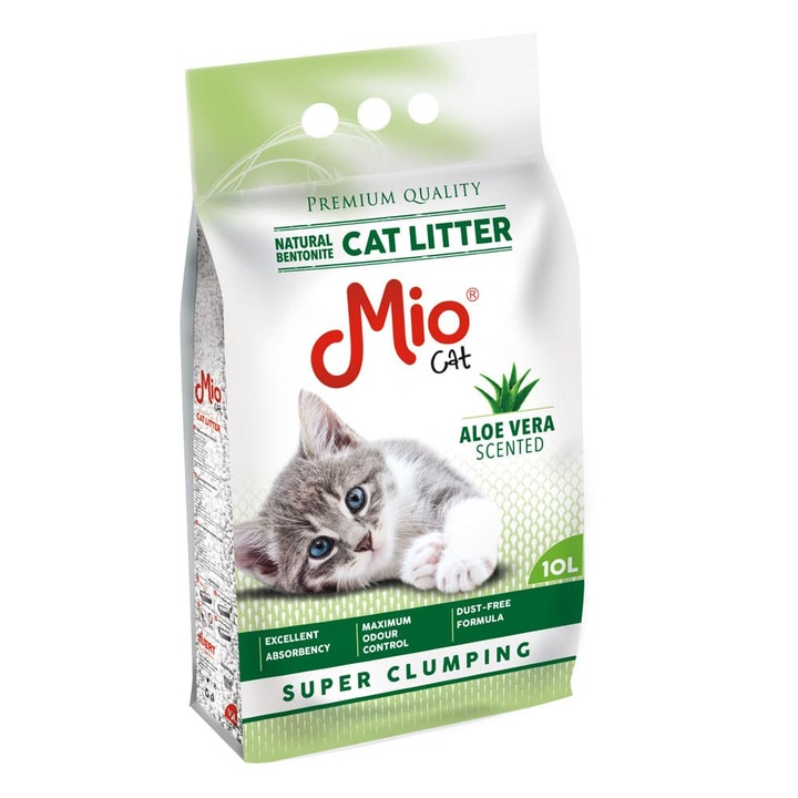 Nisip Parfumat Pisici, Mio Cat, Premium, Bentonita Naturala, Parfum Aloe Vera, Granulatie fina, bob mic, Compact 0.6- 2.25 mm, Sac 10 L